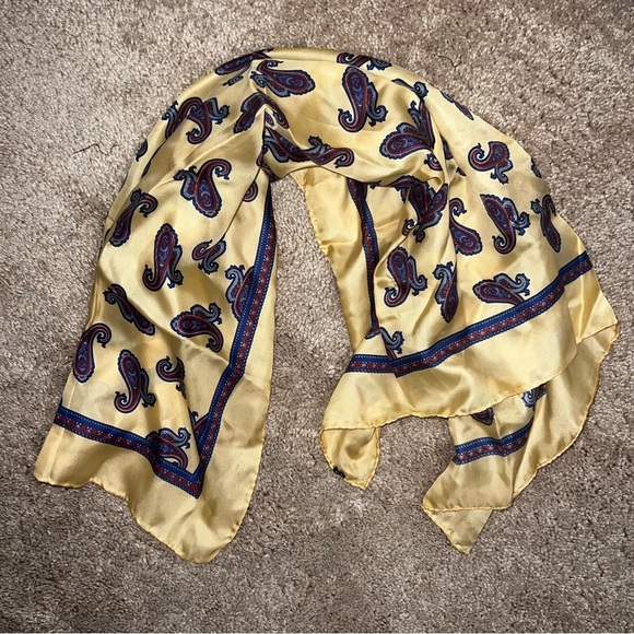 Silk Scarf Made in Italy Yellow with Blue Paisley 30x30 - Picture 7 of 9